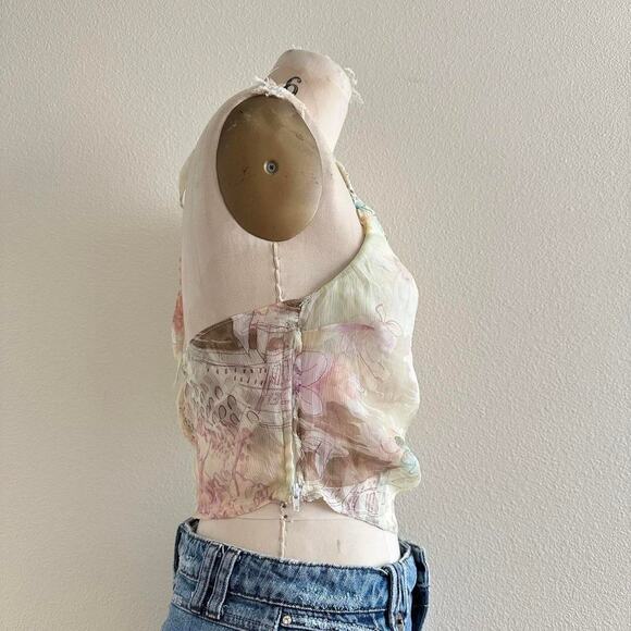 handmade green silk blend sheer halter top with a floral pattern - Picture 3 of 8